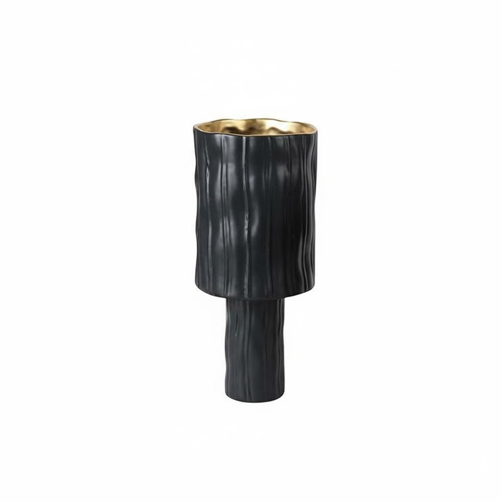 Tall matte black ceramic vase with gold interior