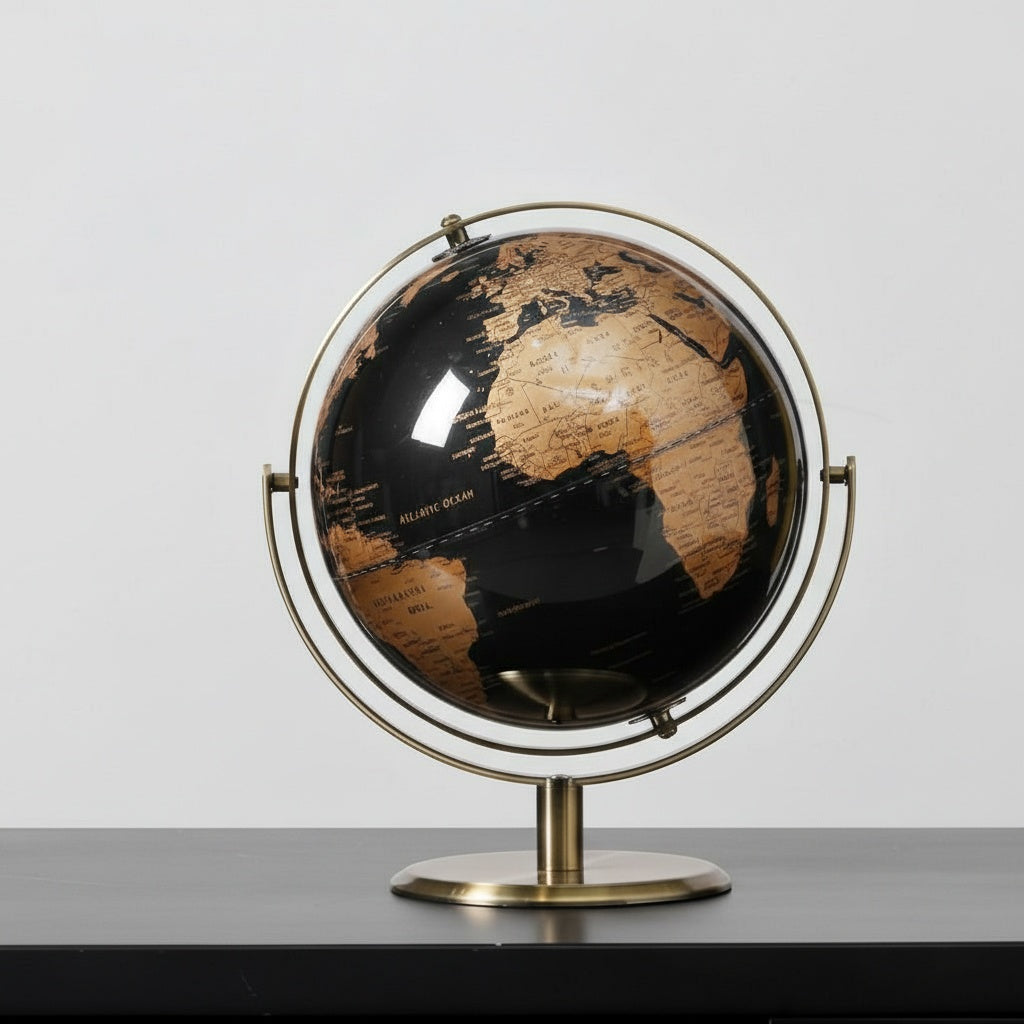 Detail view of black and gold globe on brass stand against white background