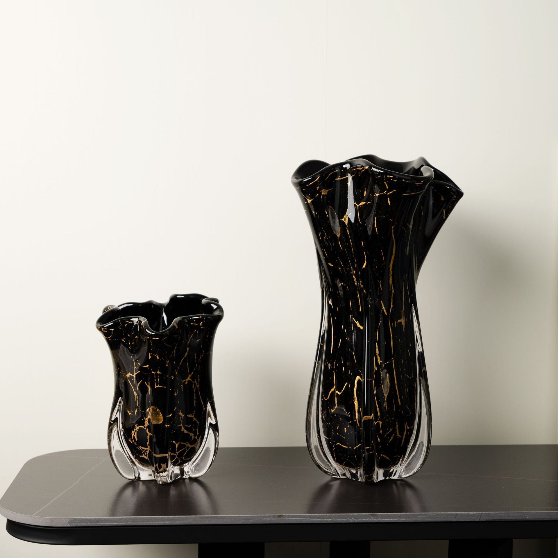Black and gold marble pattern glass vases group shot