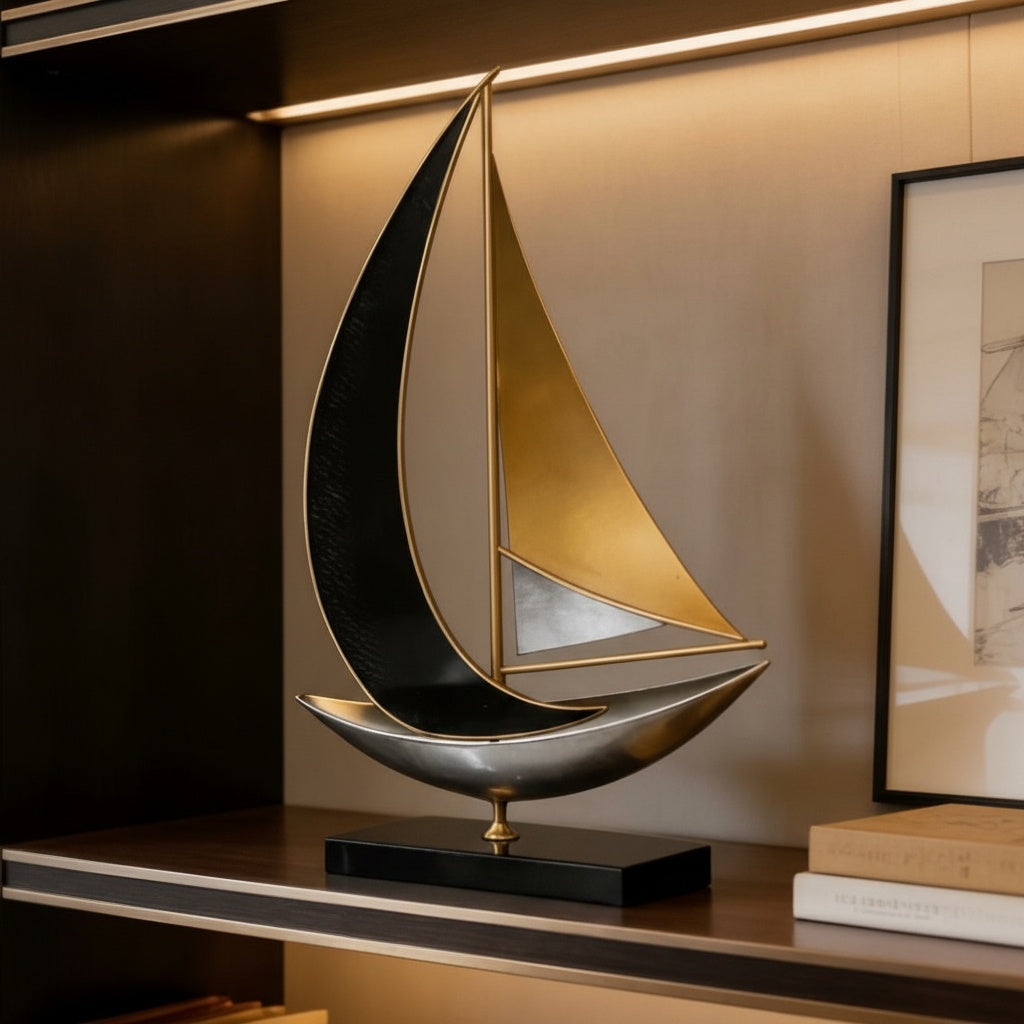 Luxury nautical sculpture displayed on shelf with warm lighting