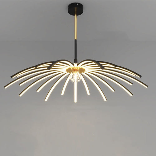 Black and gold radial curved arm LED chandelier studio view