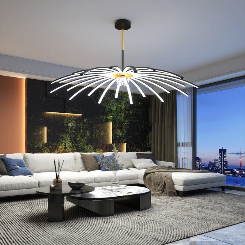 Modern black LED chandelier hanging in luxury living room