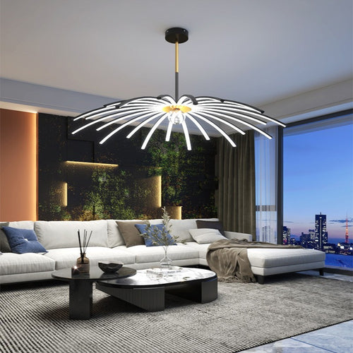 Modern black LED chandelier hanging in luxury living room
