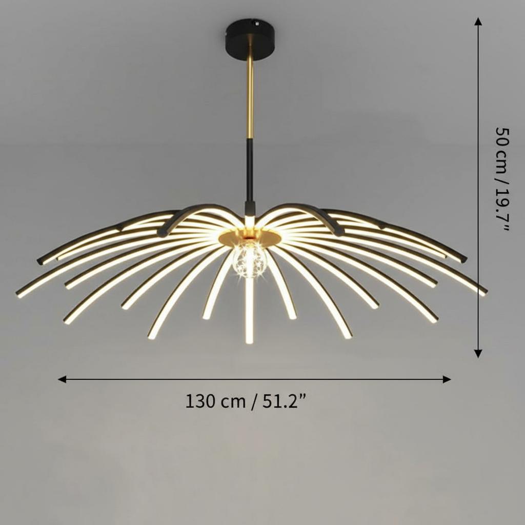Dimensions diagram of black and gold radial LED chandelier