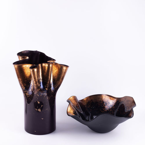 Black and gold glass vase and bowl set