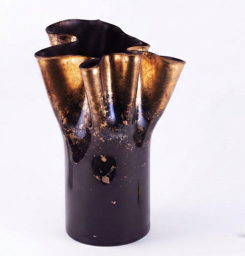 Tall black glass vase with gold interior