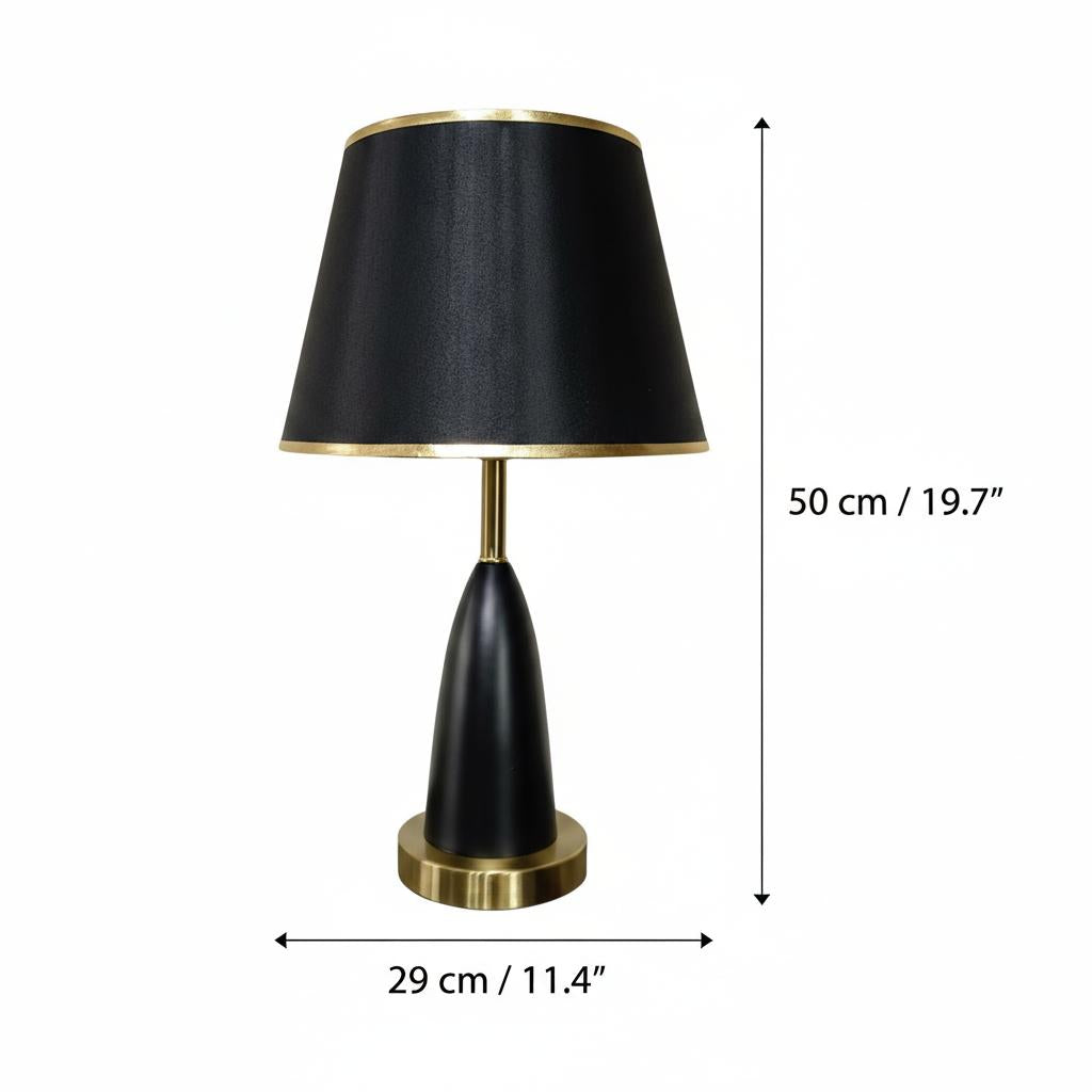 Dimensions diagram of black and gold table lamp