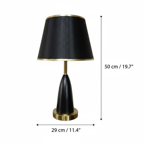 Dimensions diagram of black and gold table lamp