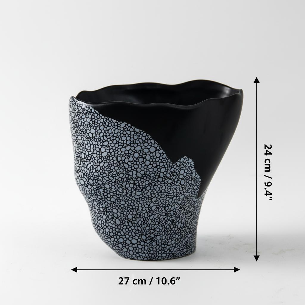 Medium black and grey organic wavy vase side view