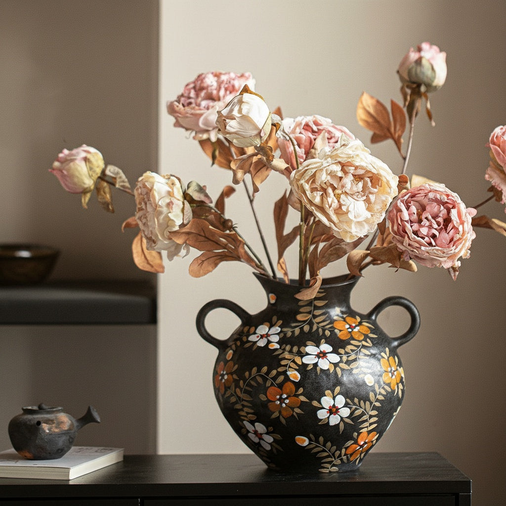 Angled view of floral painted black vase on dark surface