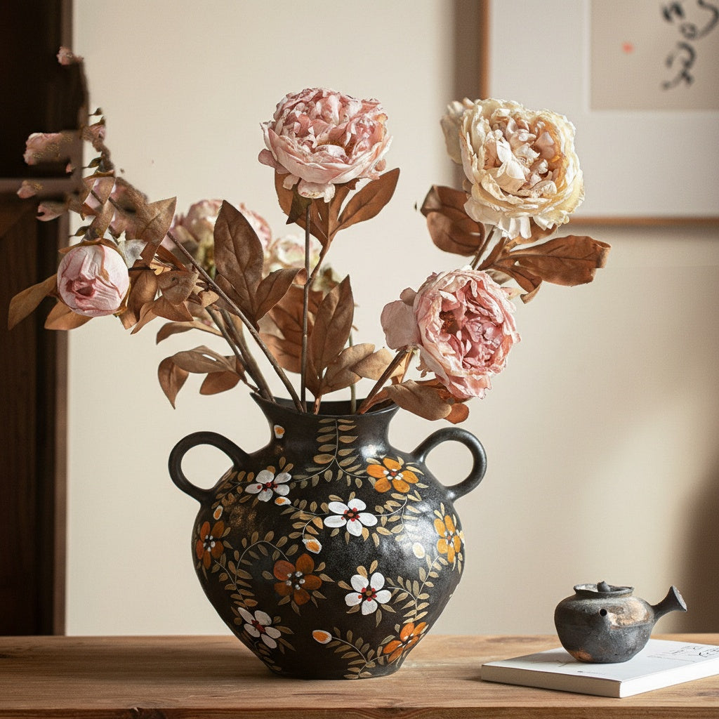 Eye level shot of black amphora vase with floral art