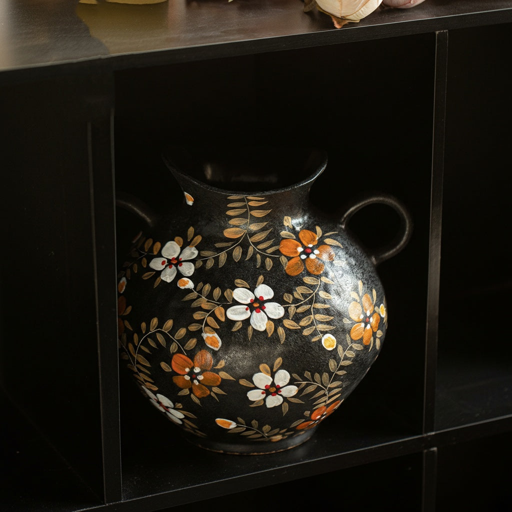 Detail shot of hand painted flowers on black ceramic texture