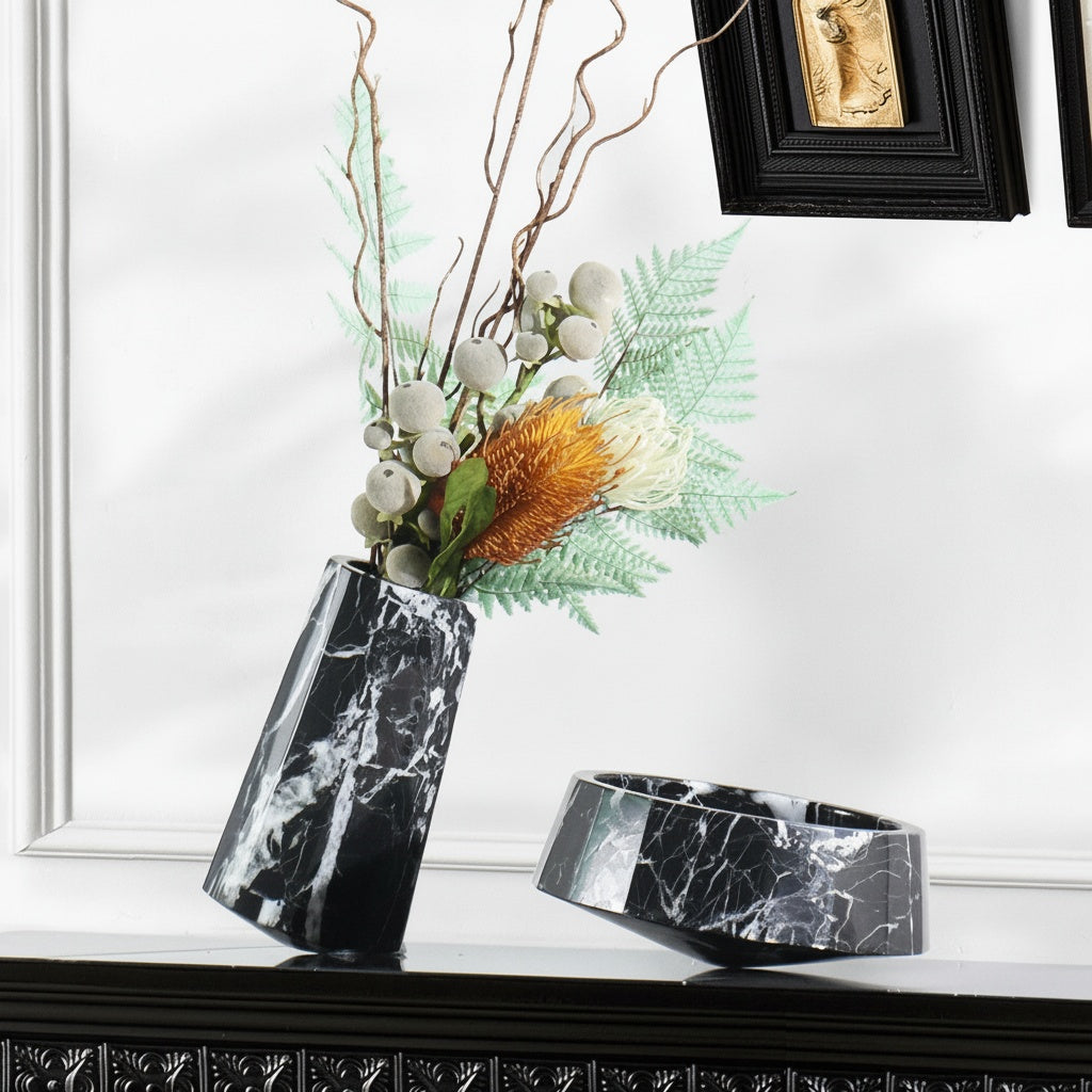 Black marble asymmetrical faceted vase and bowl set