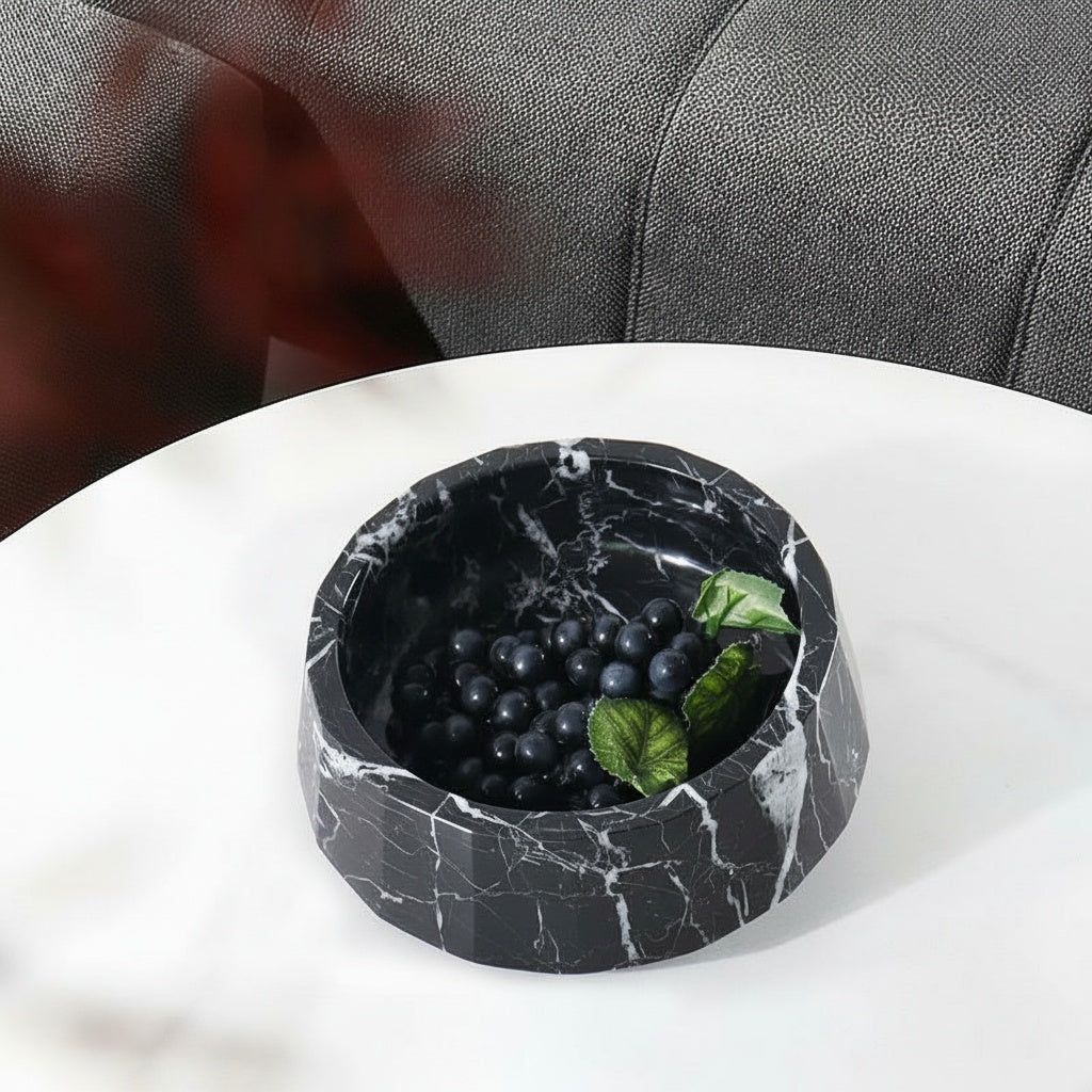 Black marble asymmetrical faceted bowl with grapes
