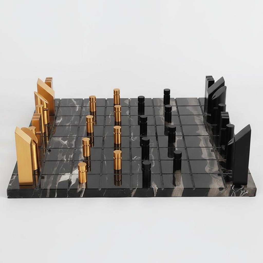 Side view of black marble chess board with geometric pieces