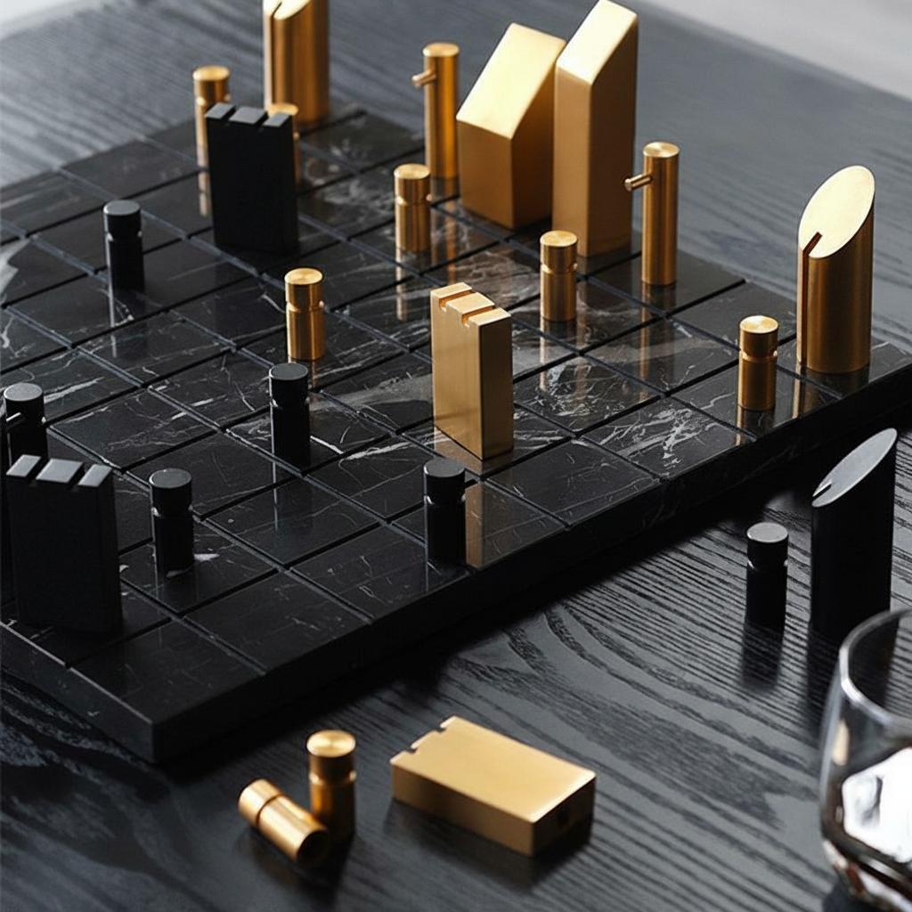 Close up of brushed brass and black stone chess pieces