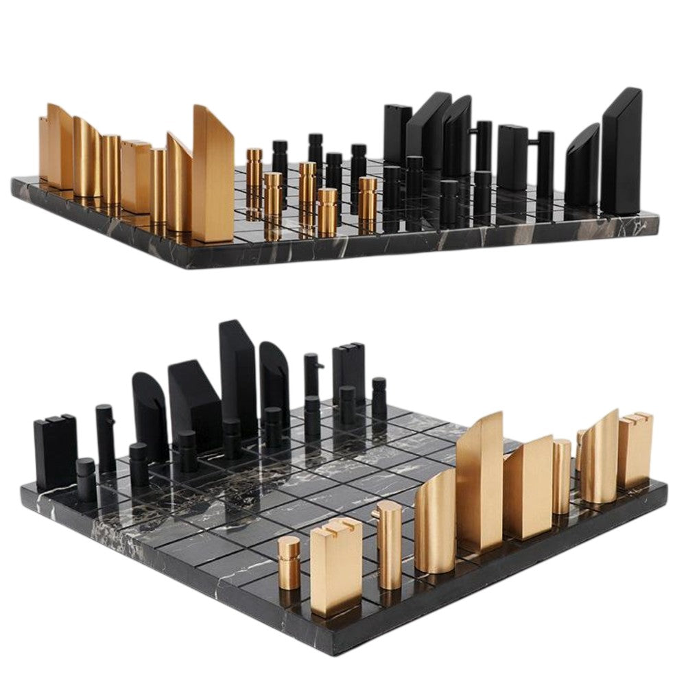 Side and perspective views of black marble and brass modern chess set