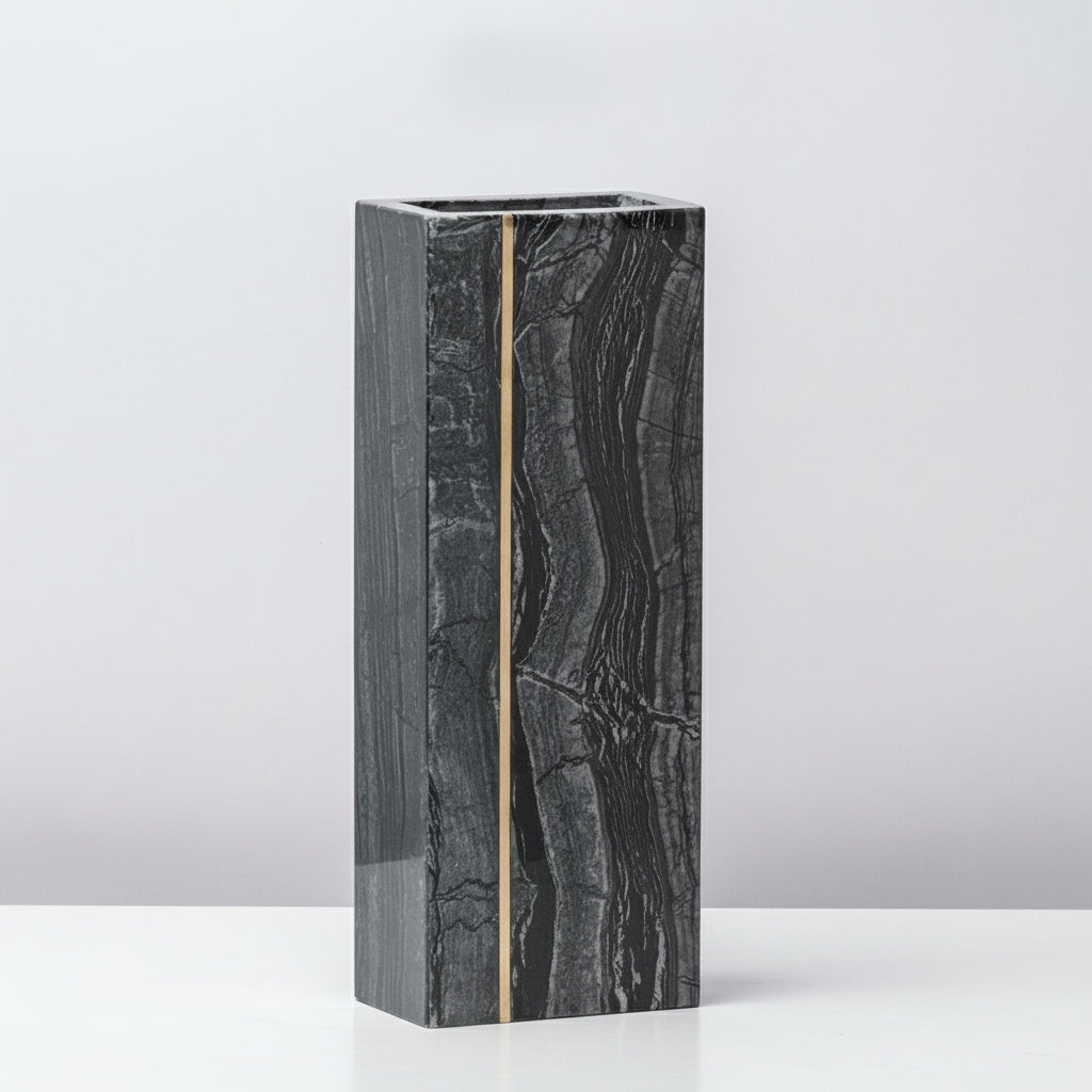 Black marble rectangular vase with vertical brass inlay