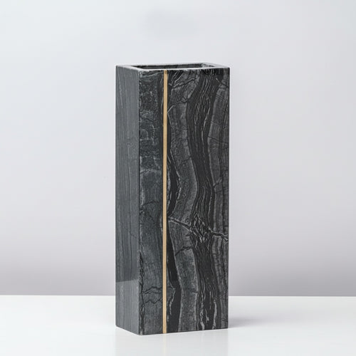 Black marble rectangular vase with vertical brass inlay