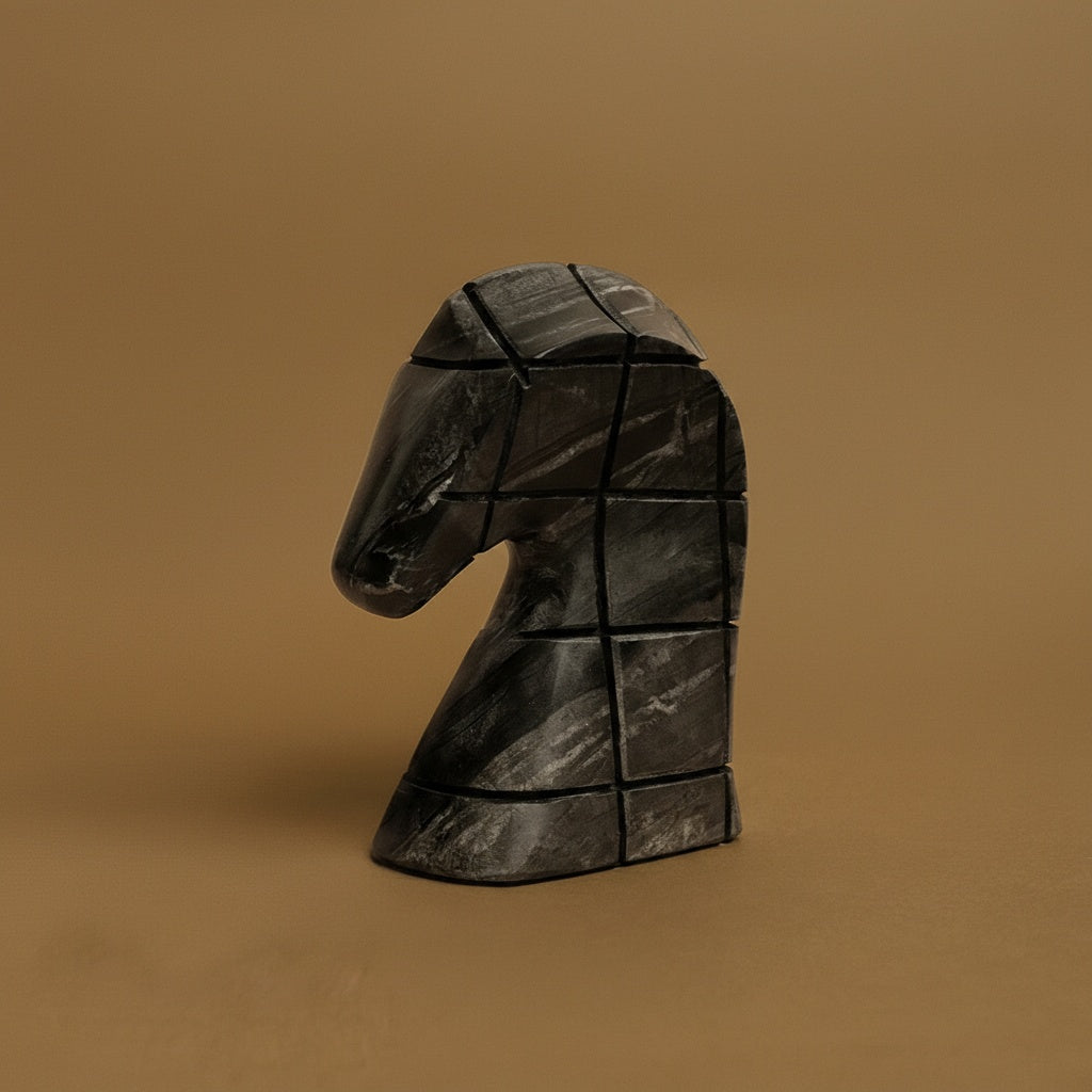 Side profile of segmented black stone chess knight sculpture