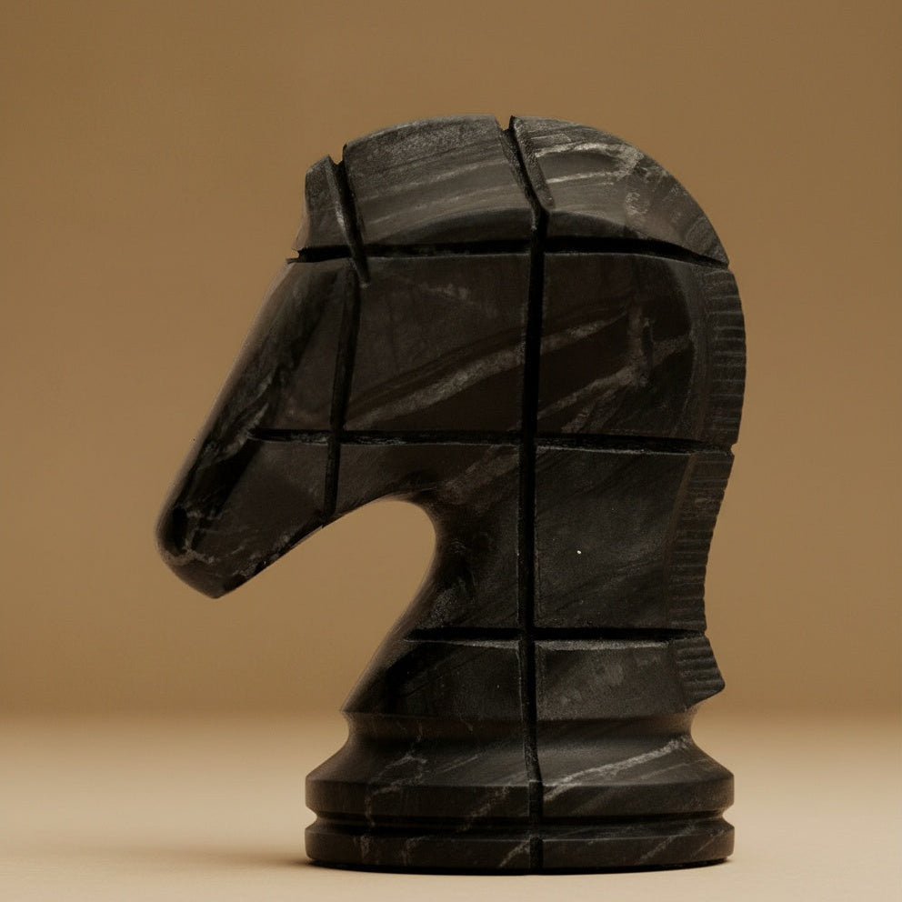 Detail view of grid carving on black marble horse head