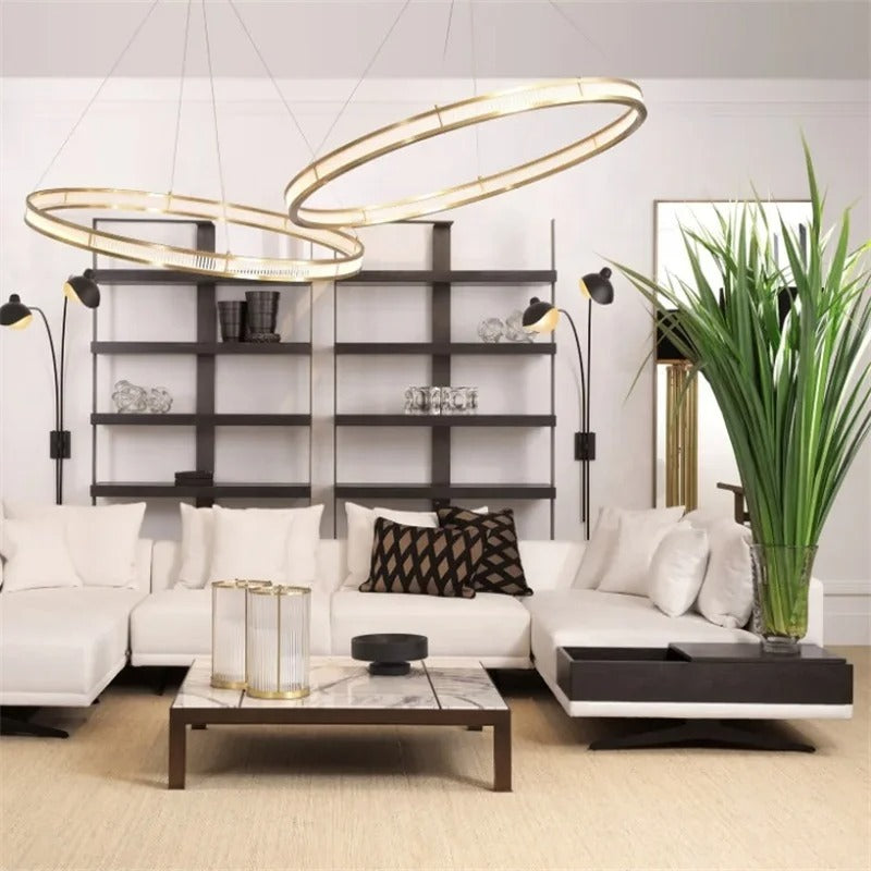 Wide living room shot featuring black marble bowl on coffee table