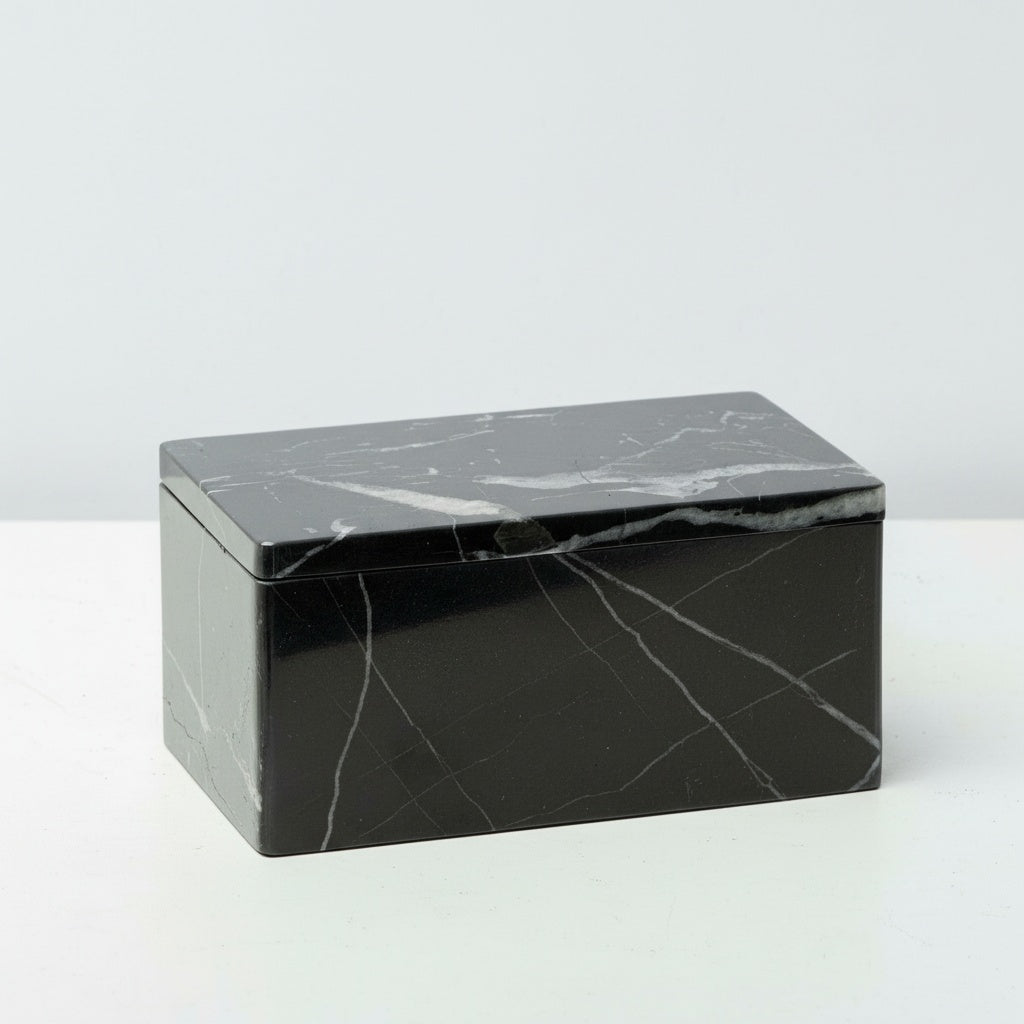 Black marble rectangular decorative box with natural white veining