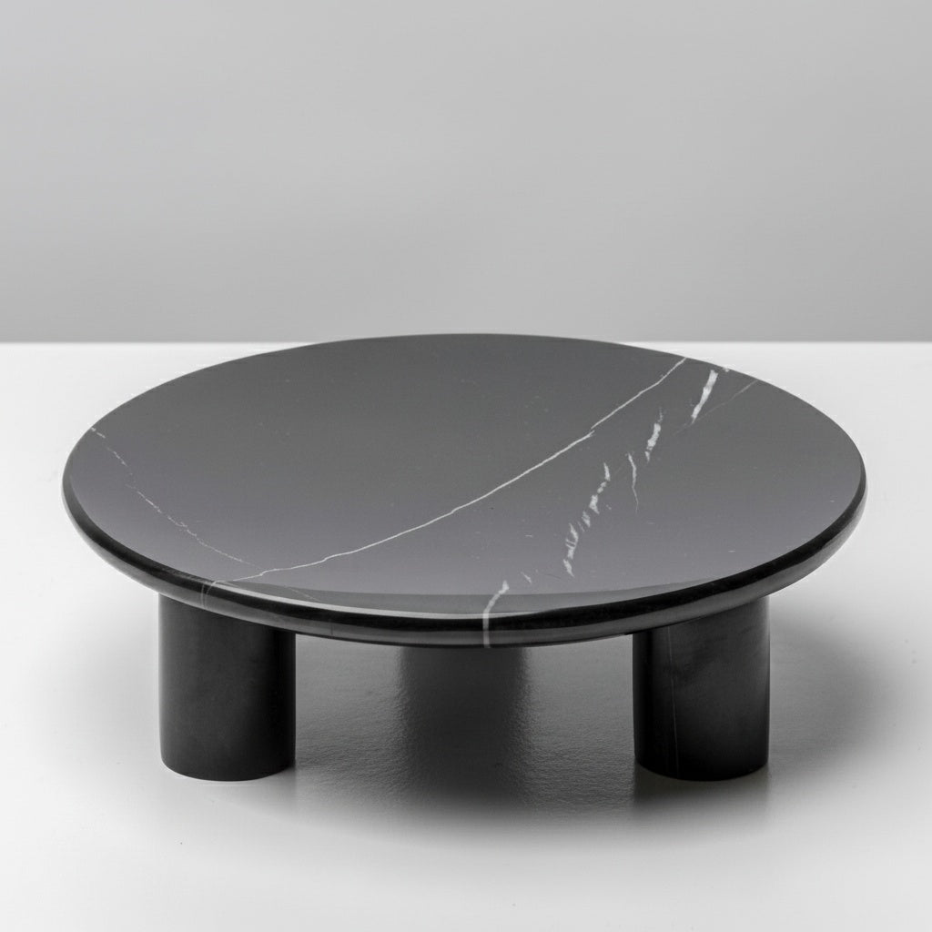 Black marble round pedestal tray with white veining