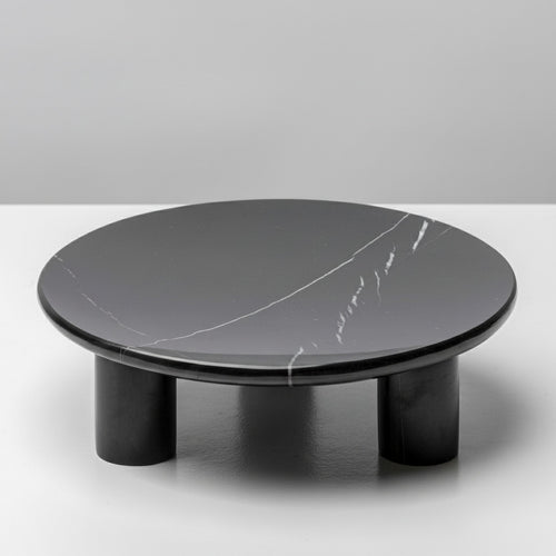 Black marble round pedestal tray with white veining