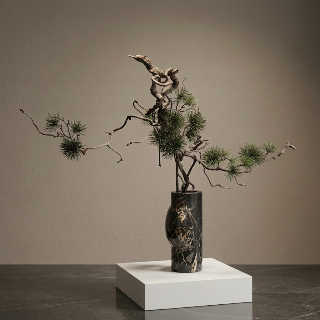 Black Marble Sculptural Cylindrical Vase