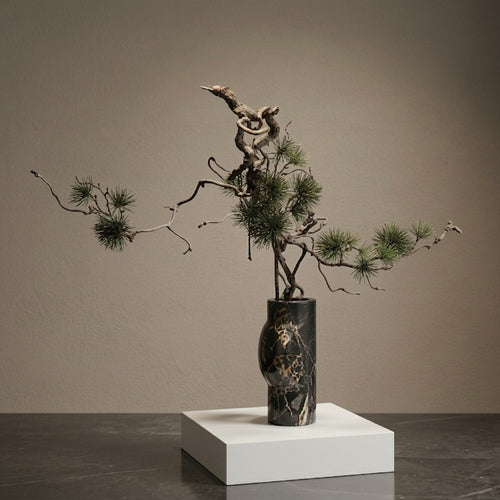 Black Marble Sculptural Cylindrical Vase