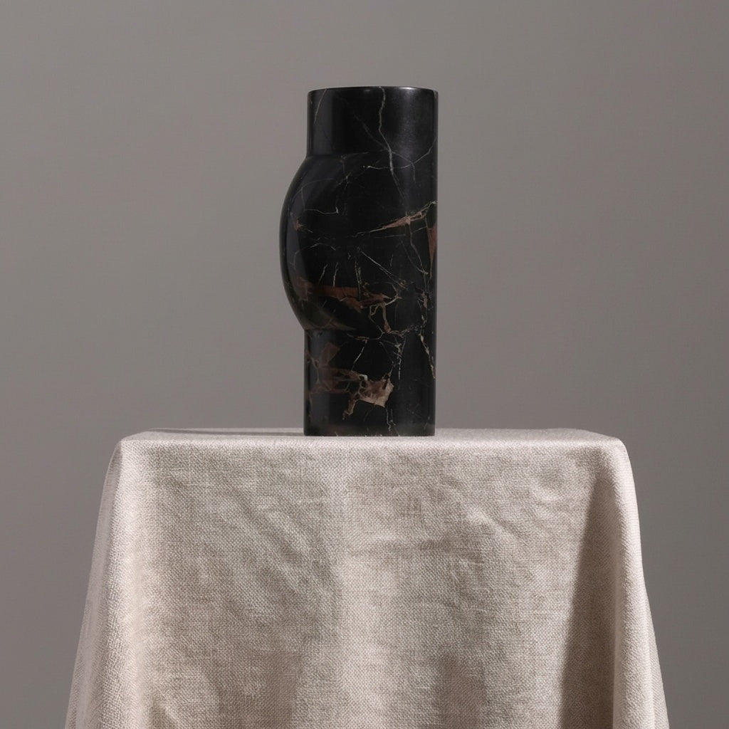 Black Marble Sculptural Cylindrical Vase