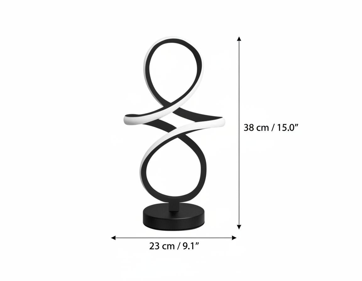 Dimensions diagram of black spiral table lamp showing height and width