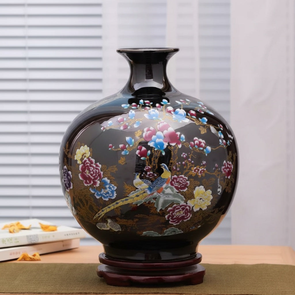 Black porcelain vase with floral and bird art front view
