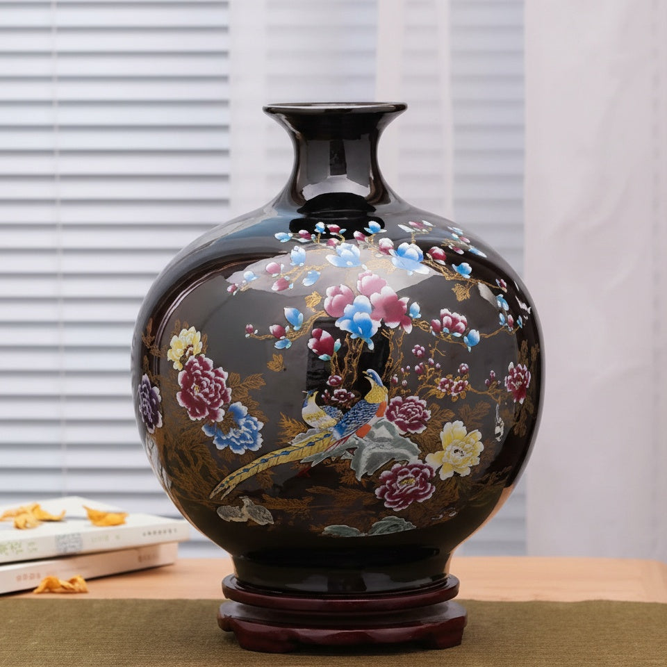 Black porcelain vase with floral and bird art on wooden stand