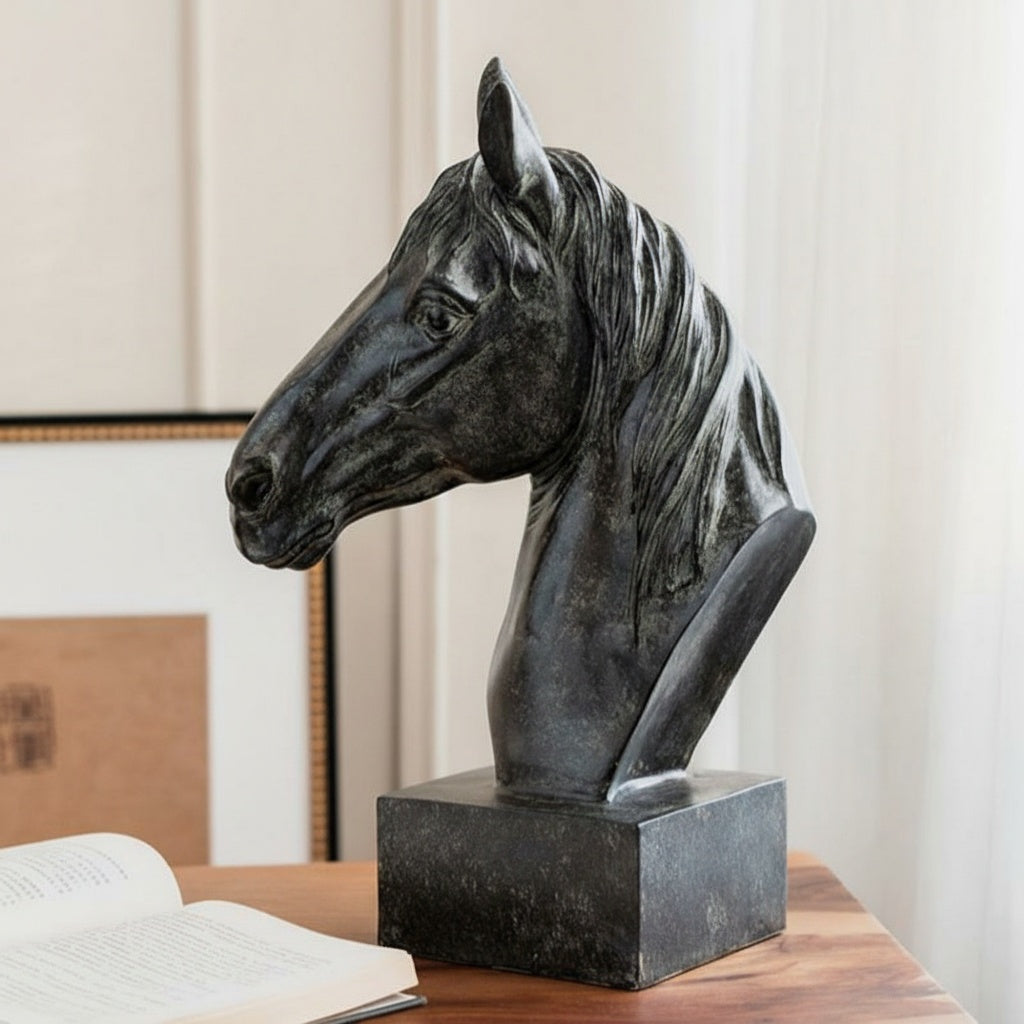 Close up profile view of black resin horse head bust sculpture
