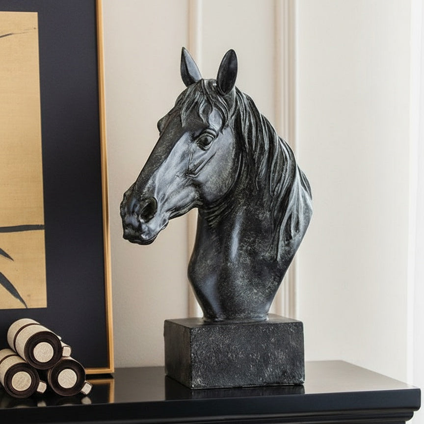 Black equine statue displayed on mantelpiece