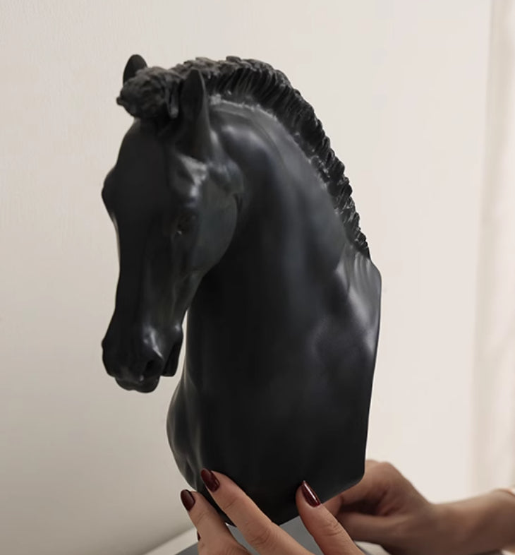 Close up angled view of resin horse mane and face details