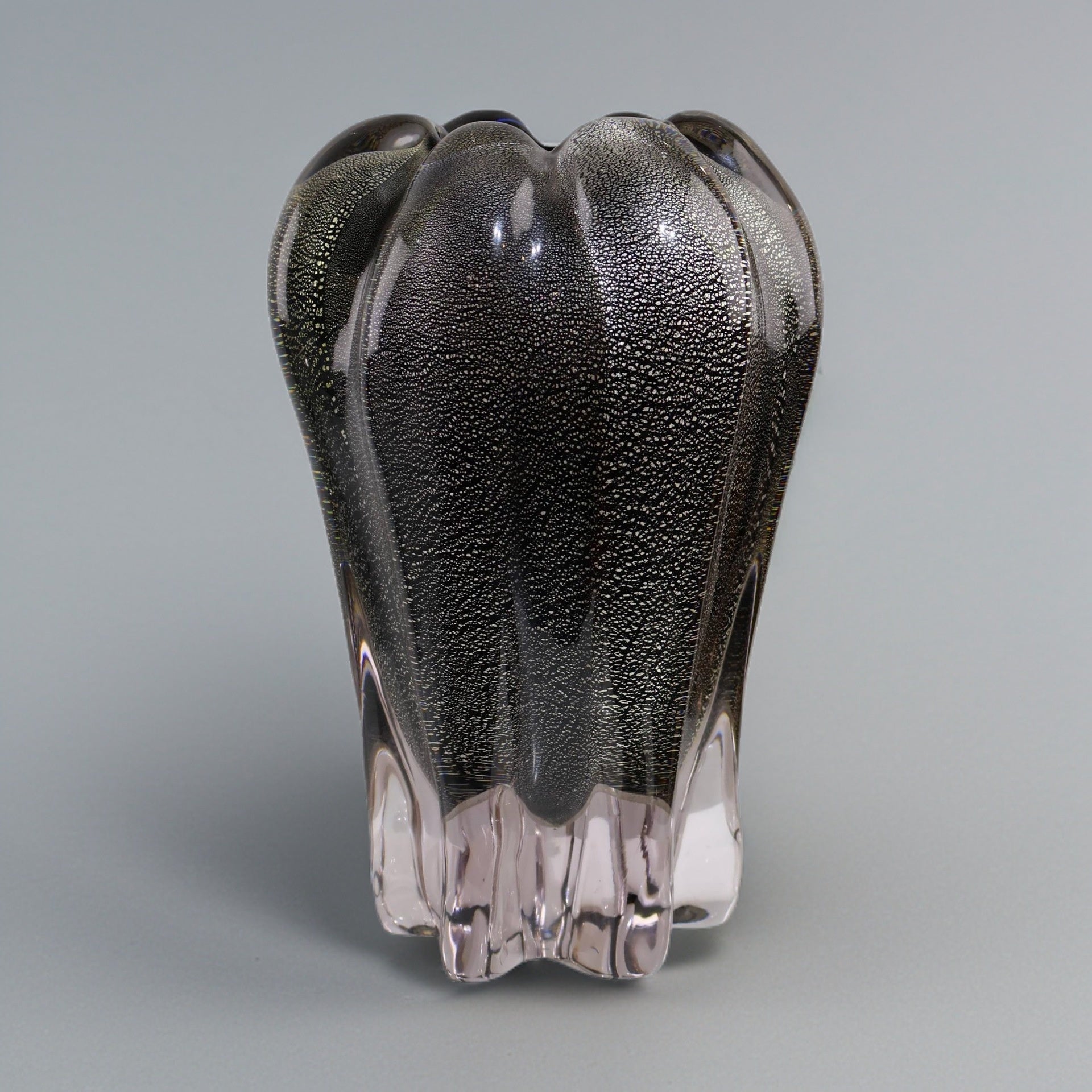 Large black and silver speckled glass vase front view