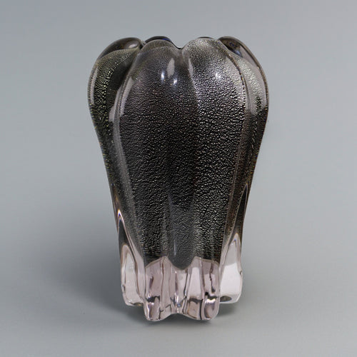 Large black and silver speckled glass vase front view