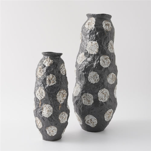 Black textured ceramic vase set with organic shape and white patterns