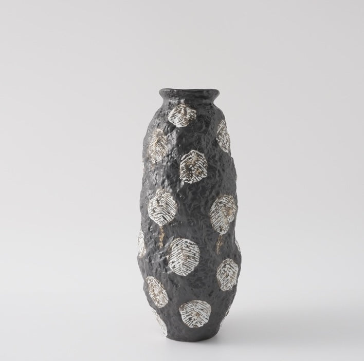Medium organic black vase with etched white circular details