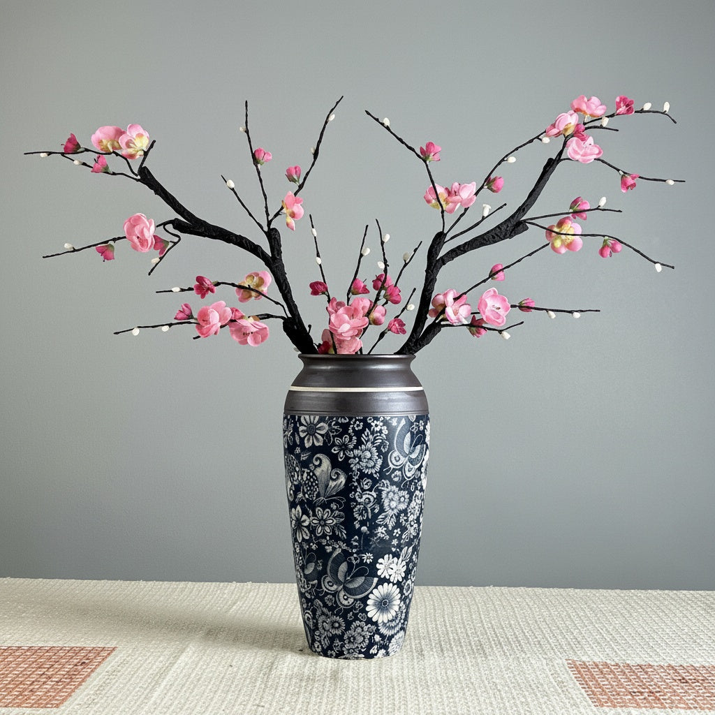 Black & White Floral Ceramic Tapered Vase
