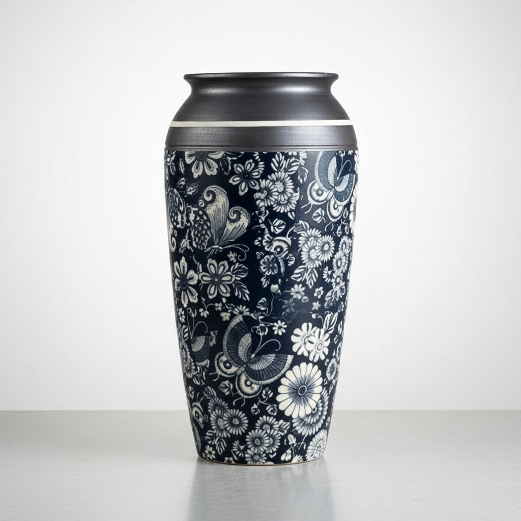 Black & White Floral Ceramic Tapered Vase