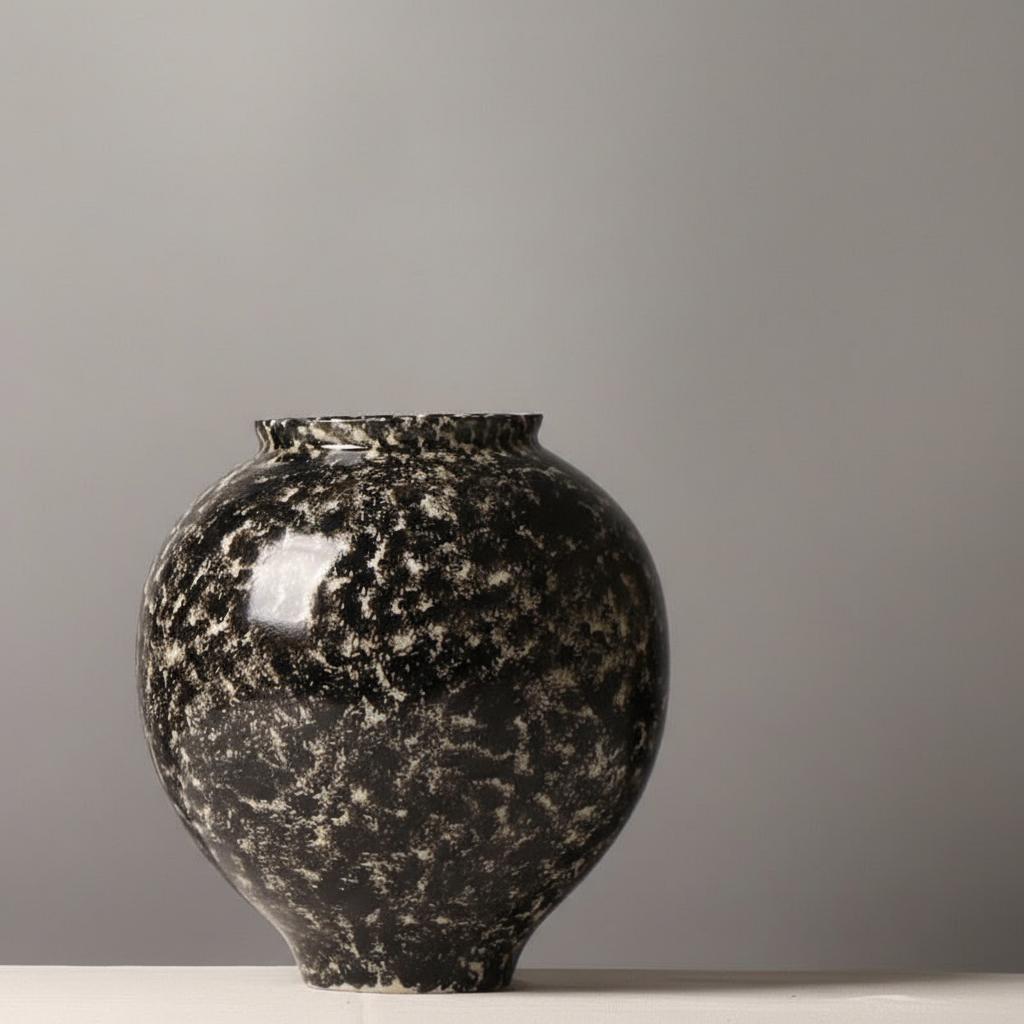 Close up of bulbous black and white glazed ceramic vase