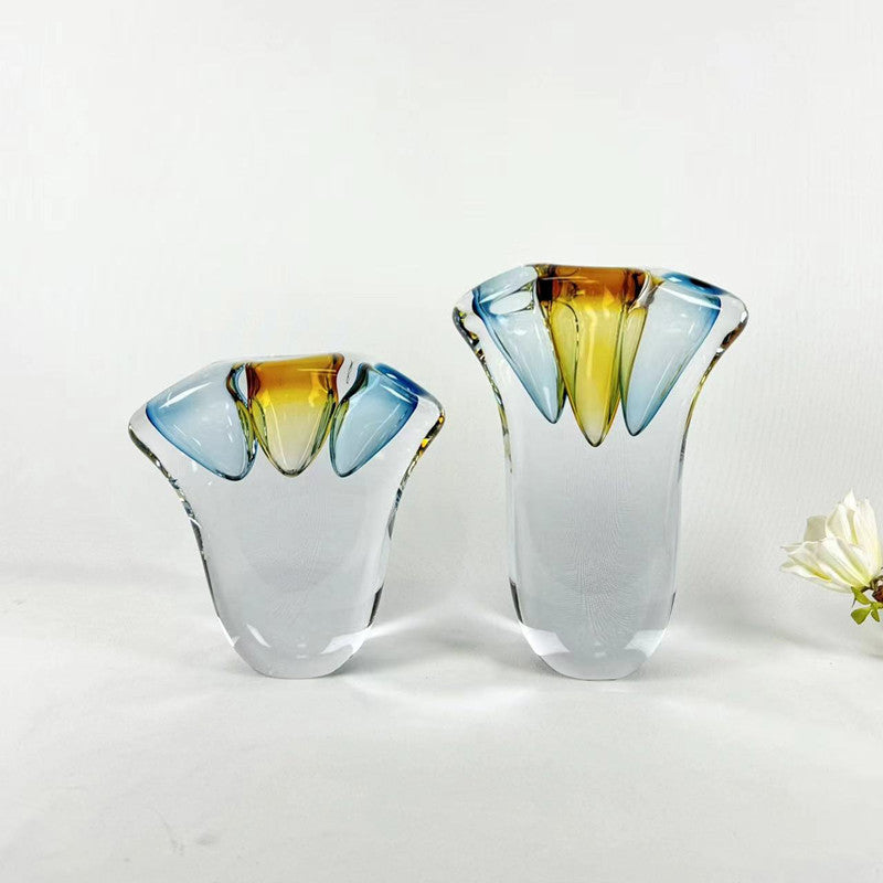 Blue & Amber Art Glass Flared Vases Set