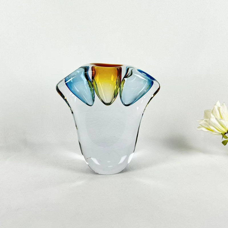 Medium Blue & Amber Art Glass Vase Top View