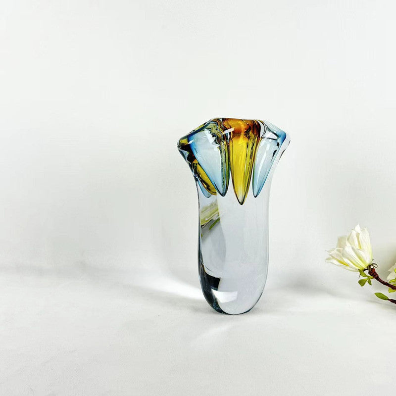 Large Blue & Amber Art Glass Vase Side View