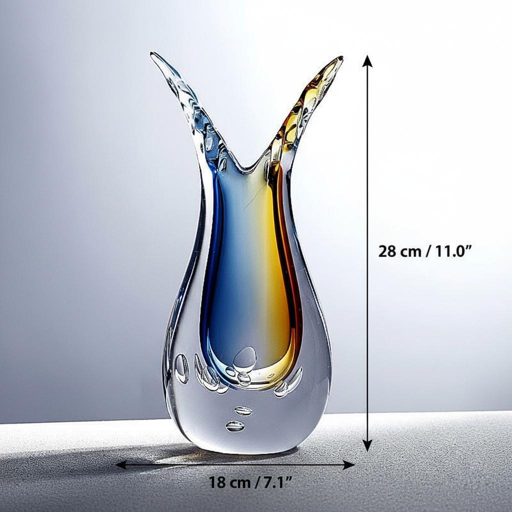 Dimensions of sculptural art glass vase showing 28cm height and 18cm width
