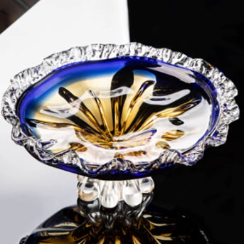 Close up of blue and amber glass bowl texture and rim